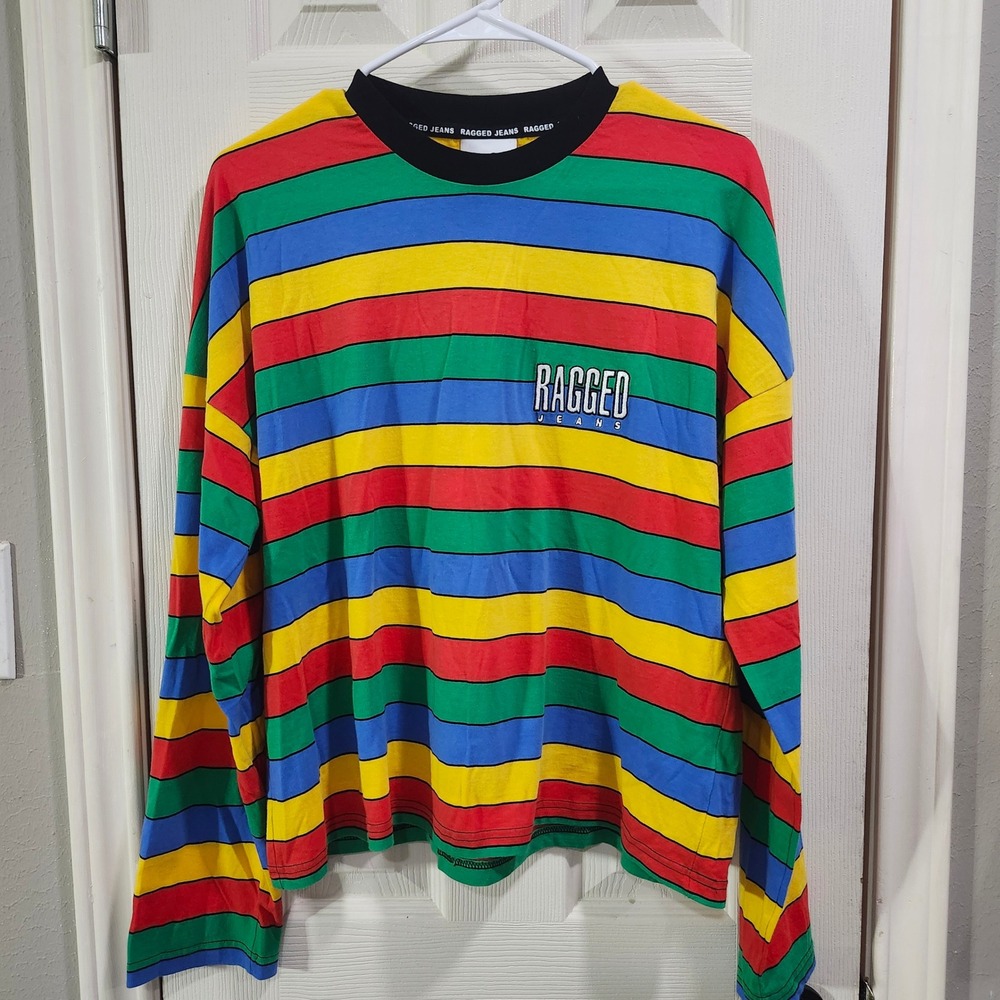Ragged Jeans Women XS Rainbow Stripe Long Sleeve T-Shirt Primary Colors Boxy
